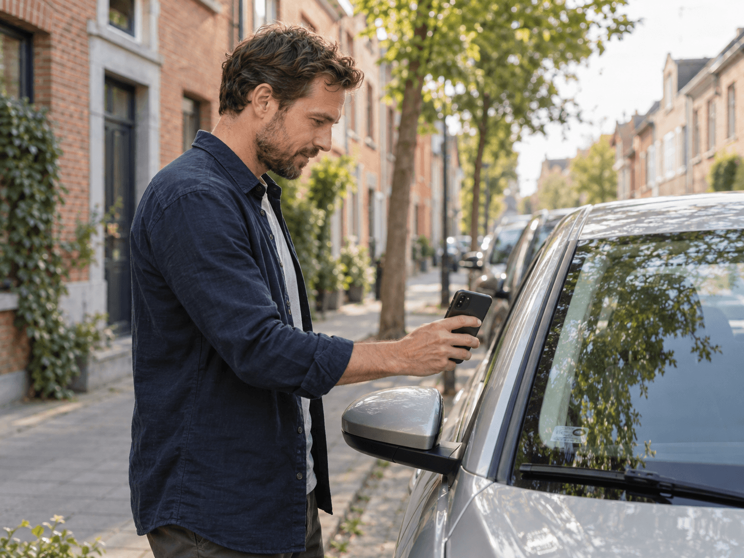 Un passant approche son téléphone du pare-brise d’une voiture dans une rue résidentielle.