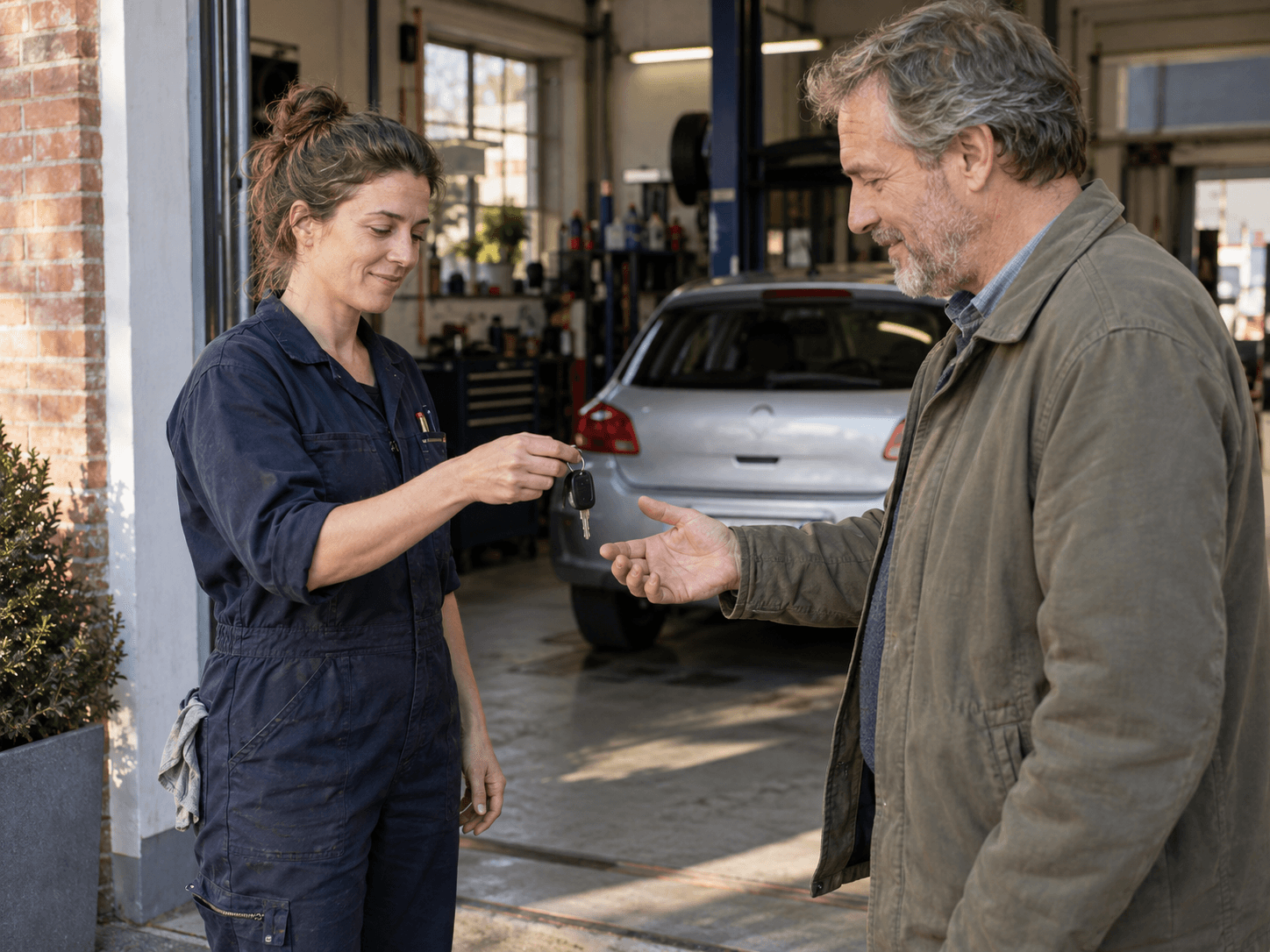 Une garagiste remet les clés d’une voiture à un client devant son atelier.