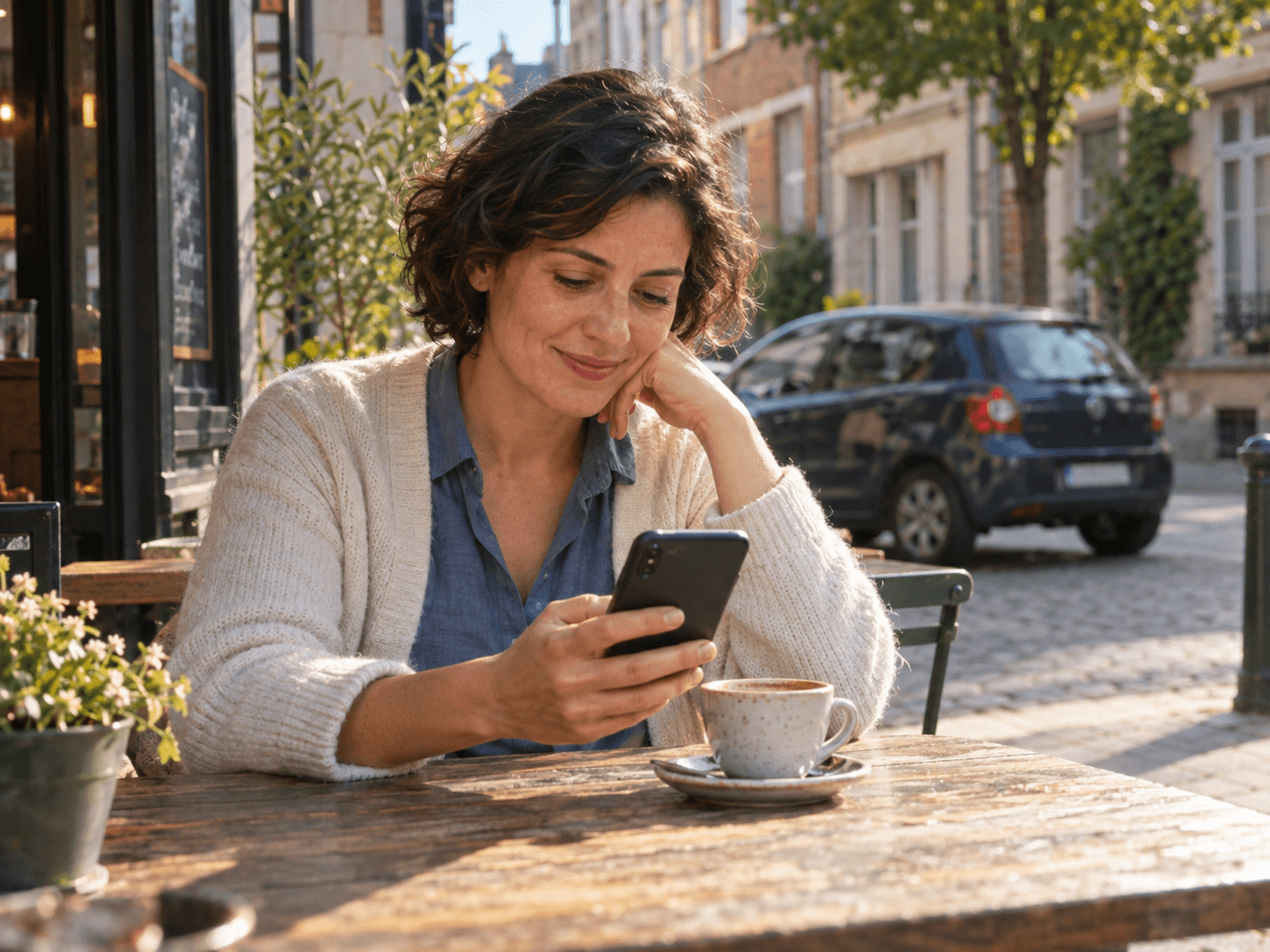 Une automobiliste consulte tranquillement son téléphone à la terrasse d’un café.